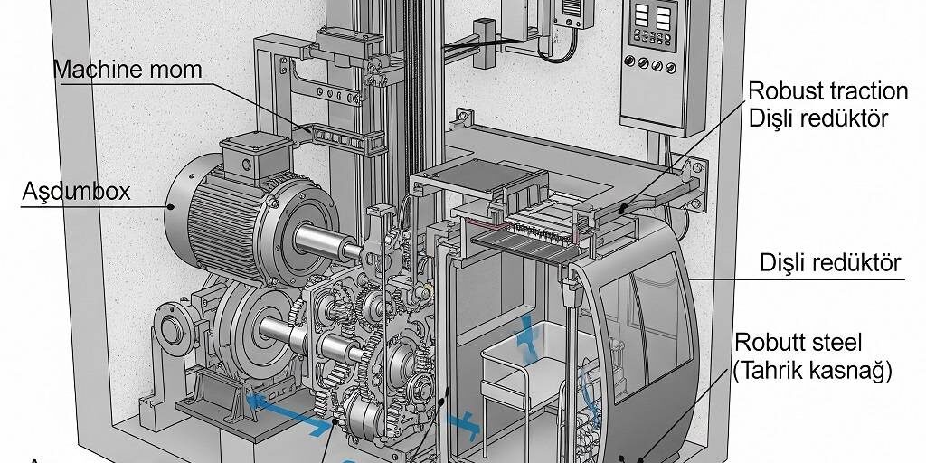Makina Daireli Asansör Asansörler Yapısı ve Çalışma Şekli Makina Daireli Asansör Çeşitleri Tahrik Sistemine Göre Dişli Redüktörlü Asenkron Motorlu Asansörler Yapısı ve Çalışma Şekli